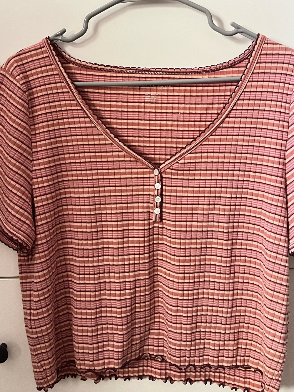 American Eagle Outfitters Pink Striped V-Neck Short Sleeve Top